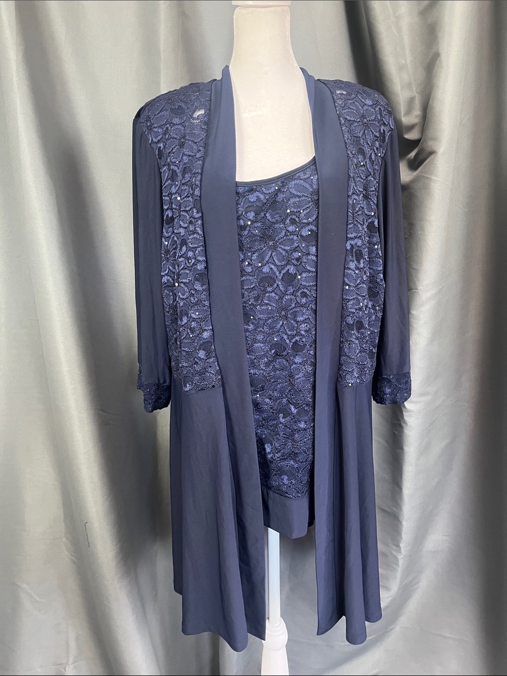 Simply Couture Navy Lace Trim Lounge Robe & Tank Set